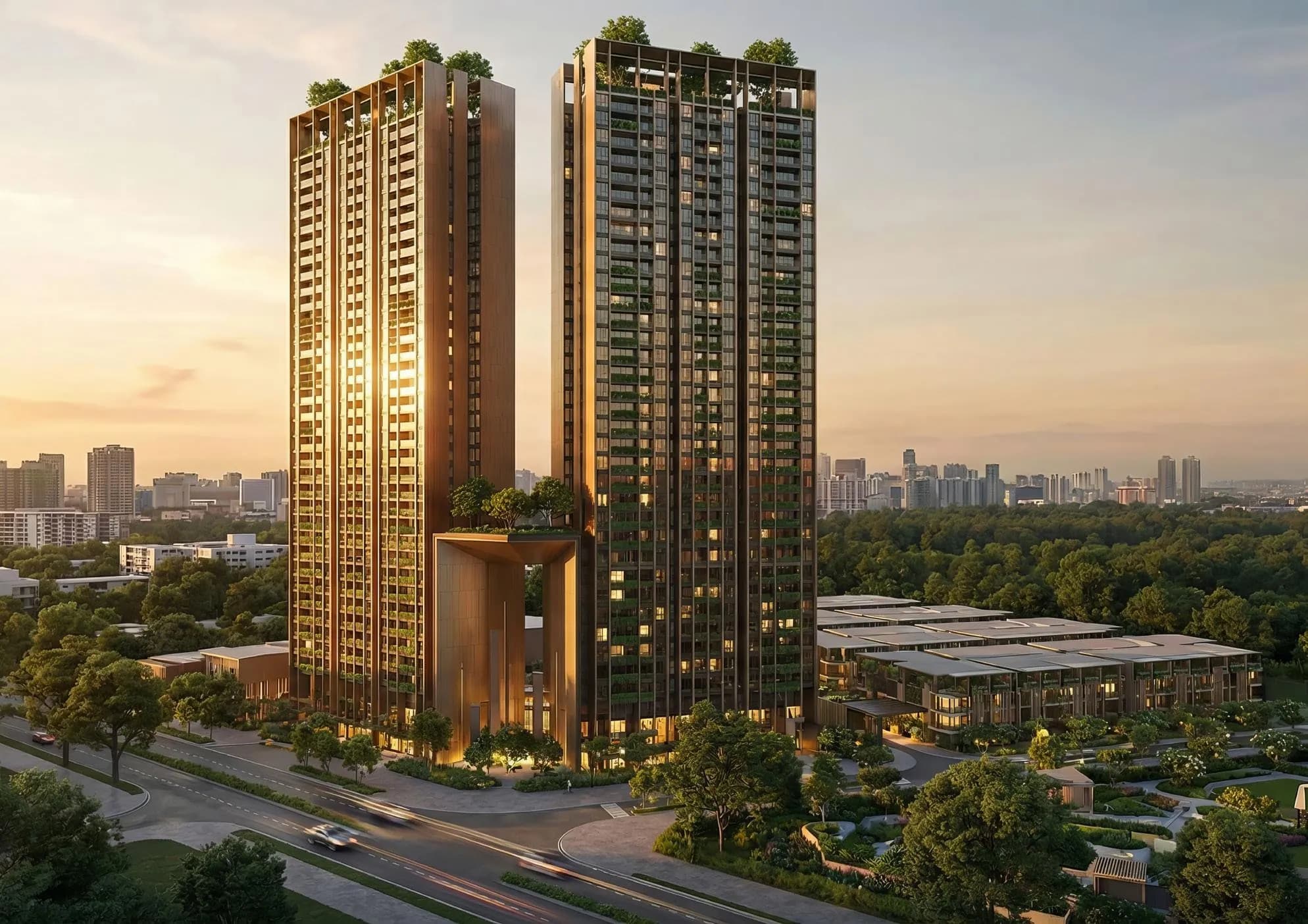 Phối cảnh trên cao toàn khu hai tháp và nhà thấp tầng
